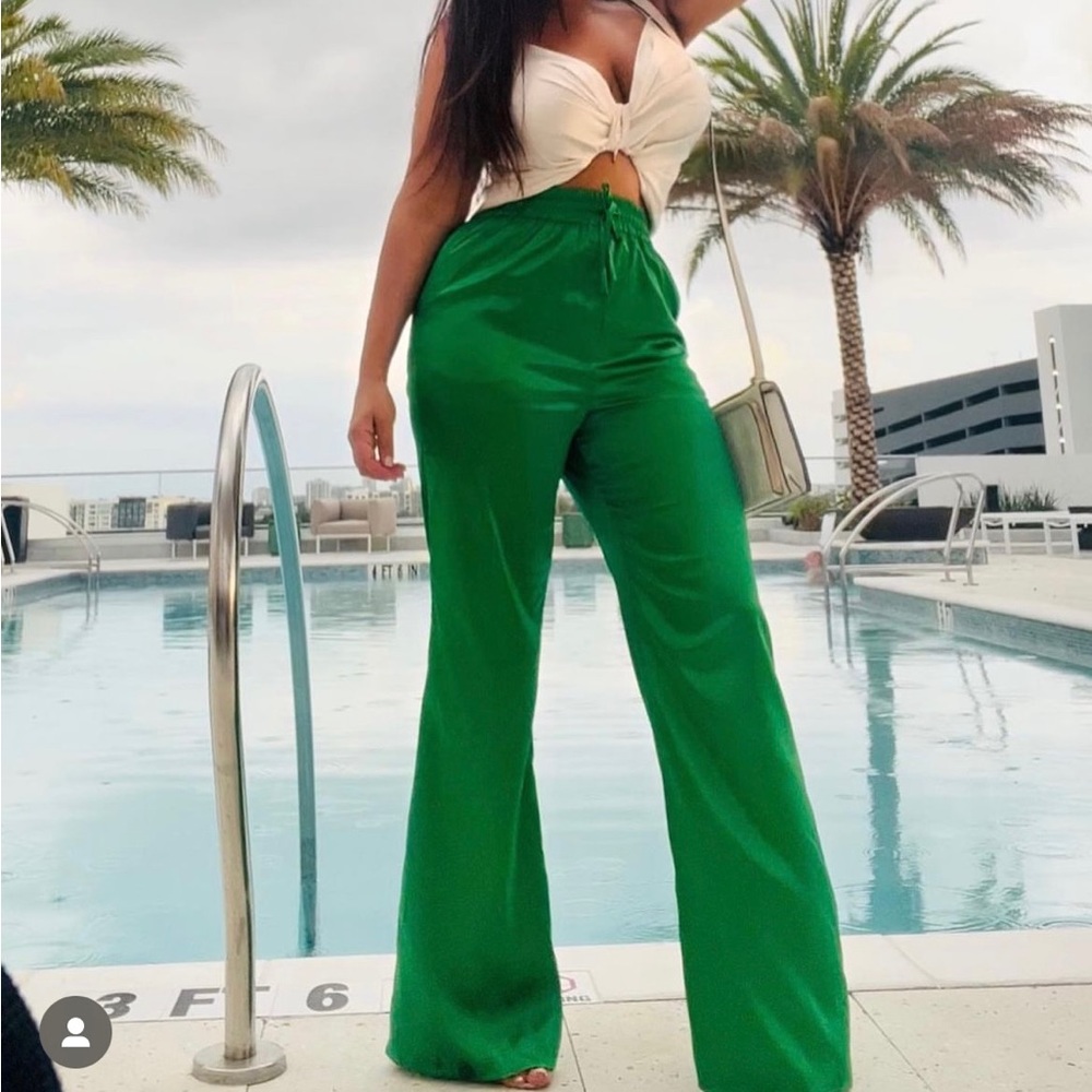 Green drawstring wide leg pants